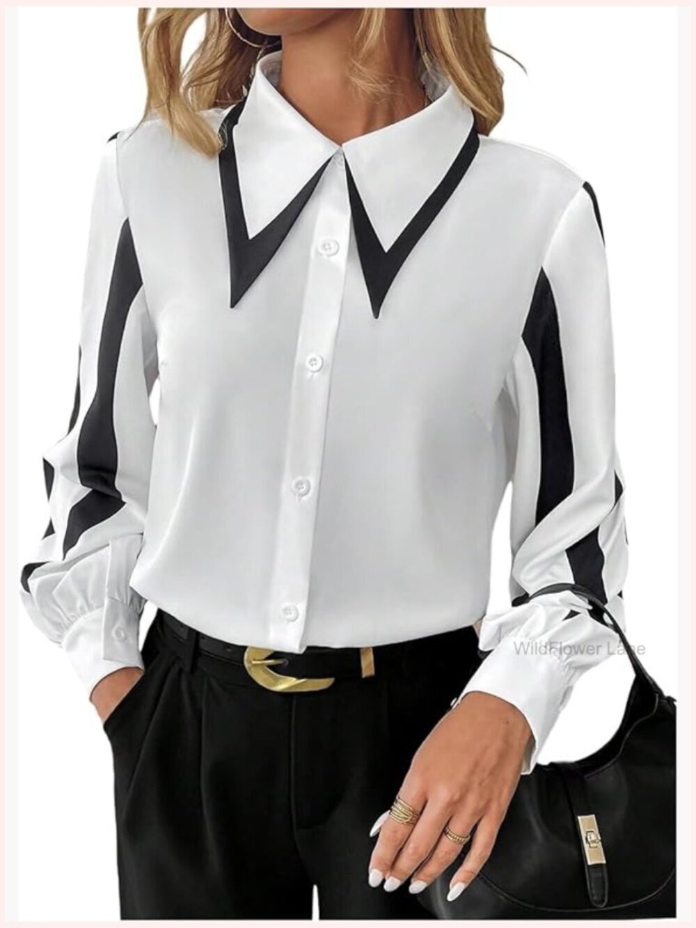 Long Sleeve Button Down Colorblock Work Top Blouse